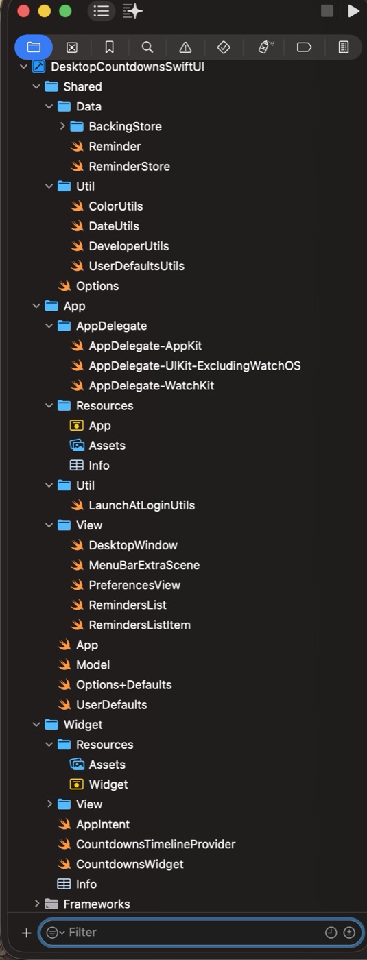 Xcode project navigator showing the shared code