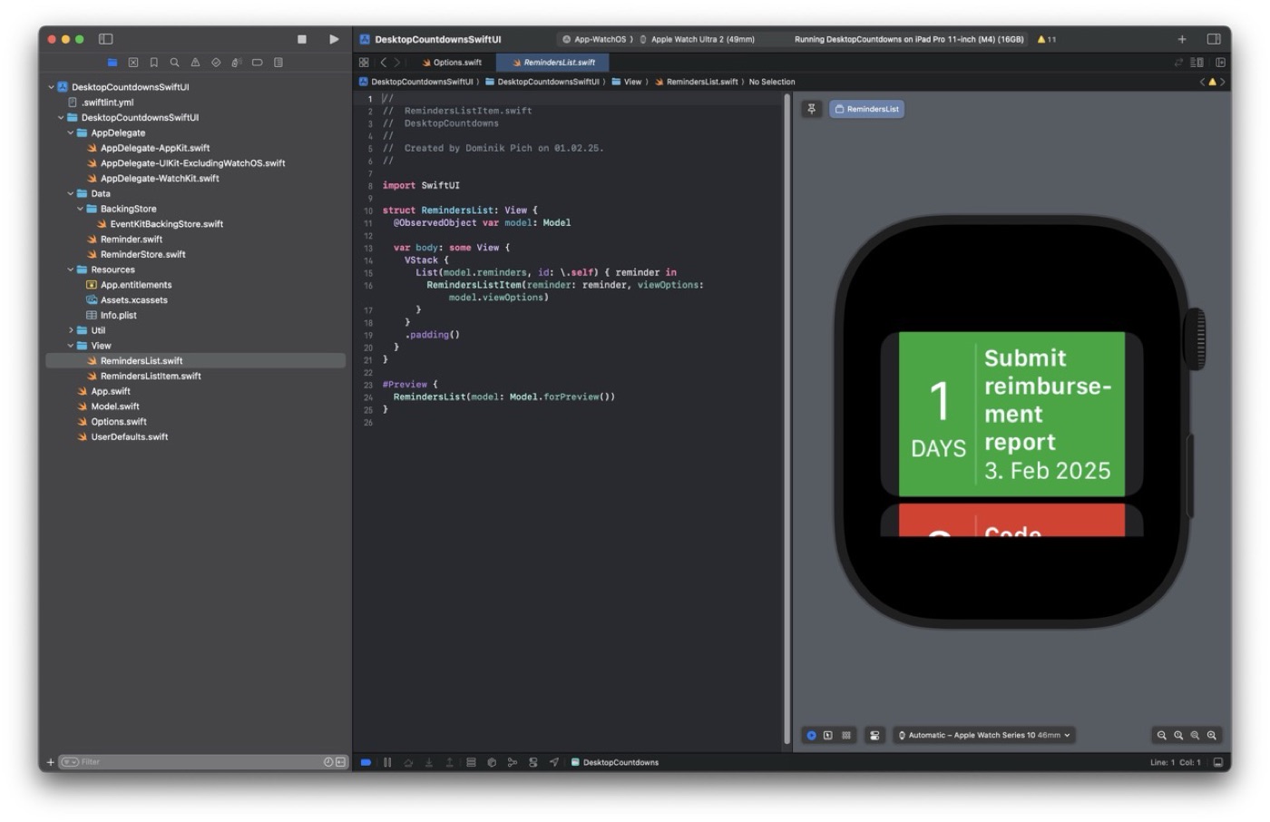 SwiftUI preview of the watchOS app